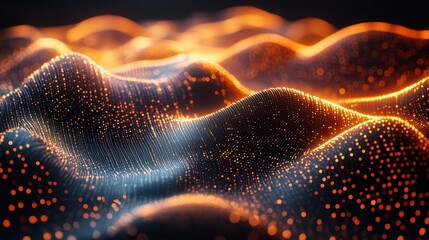 Wall Mural - Abstract Digital Landscape with Glowing Orange and Blue Dots Representing Data Waves and Technology