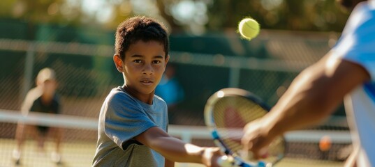 Wall Mural - Young Tennis Player Practicing Serves with Coach on a Sunny Day