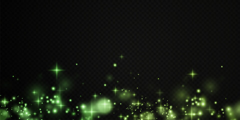 Christmas background. Powder PNG. Magic shining green dust. Fine, shiny dust green bokeh particles fall off slightly. Fantastic shimmer effect.	