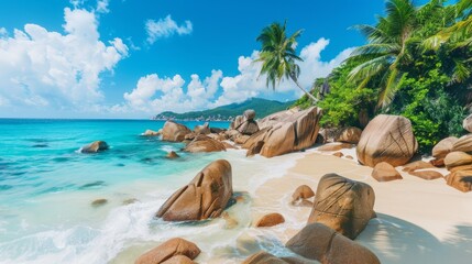 Wall Mural - Idyllic tropical beach with palm trees, turquoise water, and white sand.