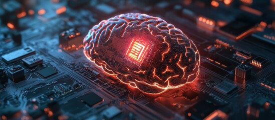 Wall Mural - Futuristic AI Brain on Circuit Board with Glowing Red Lights Representing Advanced Technology and Artificial Intelligence