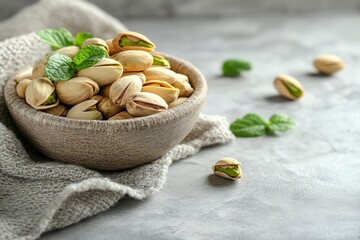 Shelled Pistachios in Wooden Bowl with Mint Garnish