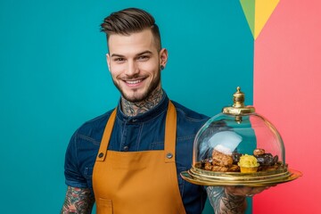 An image of a tattooed male chef with a cloche and a tray on a yellow background