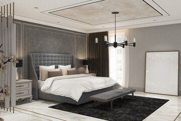 Wall Mural - 3d render of interior design luxury bedroom, classic modern style. White marble floor, gray wall and white ceiling. Set 5