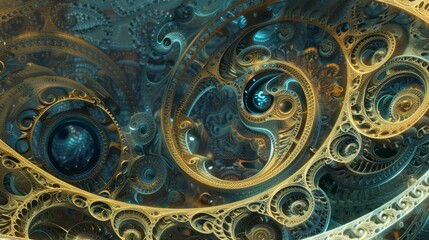 Poster - Intricate gold and blue abstract machine gears background.