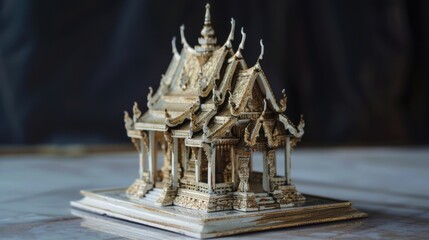 Sticker - Intricate golden model of a traditional Asian temple with ornate details.