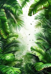 Sticker - Palm and tropical leaves framing the edges, nature watercolor painting style on white background