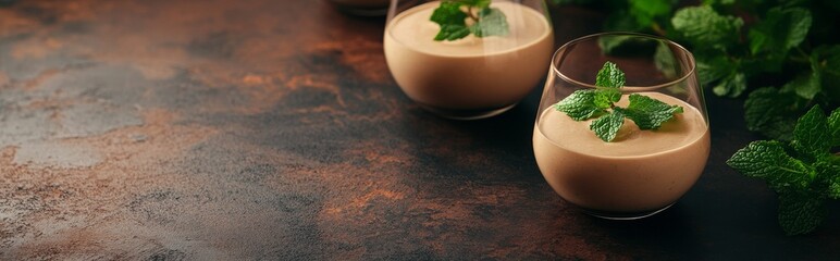 The pudding has been topped with fresh mint leaves as a garnish, and three glasses have been filled with it