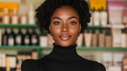 A business owner proudly standing at the entrance of their boutique arms crossed and looking confidently into the camera The background includes elements like a signboard or a glimpse of the products