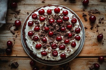 Wall Mural - Black Forest Cake, A German chocolate cake layered with whipped cream and cherries, topped with chocolate shavings. Top View