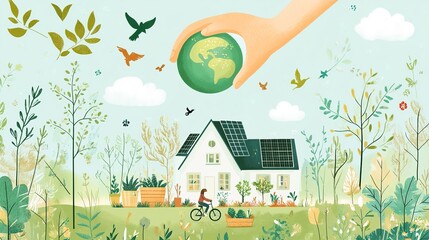 Sustainable living and environmental life with eco care outline concept, transparent background.illustration