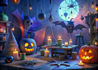 Wall Mural - halloween background with pumpkin and bats