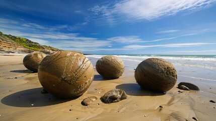 Canvas Print - Large, smooth, spherical rocks on a sandy beach with blue sky and waves in the background.