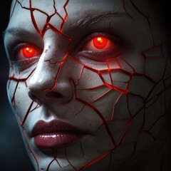 Poster - Volcanic Cracked on face with Bright Lava Highlights and scary red eyes, scary face of woman with red eyes and cracked on face , scary cracked red eyes