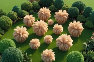 Whimsical Isometric Rendering of Dreamy Pampas Grass Shapes in a Lush Ecosystem