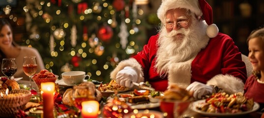 Santa Claus Enjoying Festive Christmas Brunch with Family Amidst Holiday Decorations