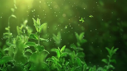 Poster - Lush green foliage with sparkling water droplets in soft sunlight.