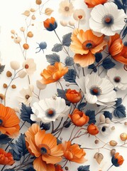 Wall Mural - Beautiful vibrant flowers, 3d illustration of botanical flowers on a white background