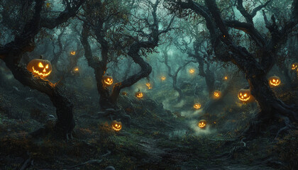 Jack-o'-lantern lit path in a foggy, dark forest