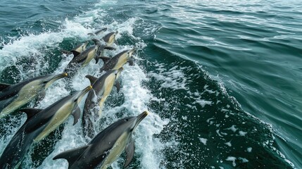 Wall Mural - group of dolphins riding the boat waves