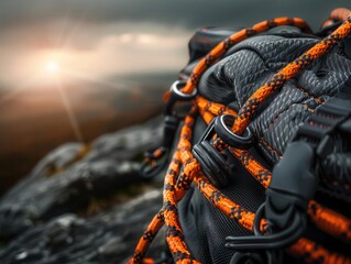 Climbing gear on a mountain trail, adventurous and thrilling, Adventure, Metallic tones, Photograph, Detailed equipment