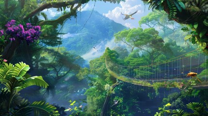 Poster - Lush rainforest with a rope bridge and birds flying.