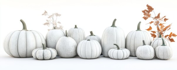 Wall Mural - This is a set with white pumpkins isolated on white background, ripe fresh vegetables side view. This is a design, food, template, nature and fall theme set.