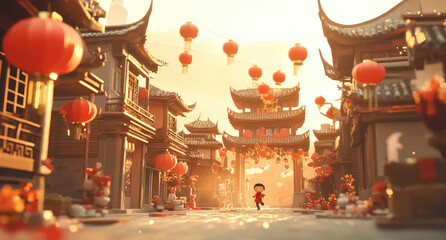 Wall Mural - an ancient Chinese street with lanterns and decorations, celebrating the Spring Festival