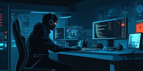 Hacker at computer, working late night.