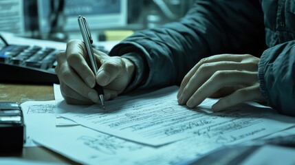 A person signs a contract for a music license at a record company, surrounded by paperwork and a signature. The deal could involve the distribution of an album or the production budget for an artist.