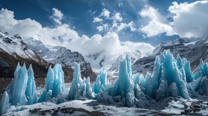 Poster - Majestic glacial formations rise from snow-covered mountains under a blue sky.