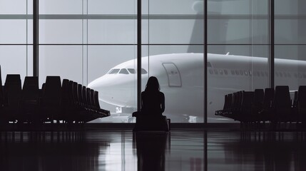 A solitary female traveler waits in an airport lounge, her silhouette cast against the backdrop of a departing aircraft.