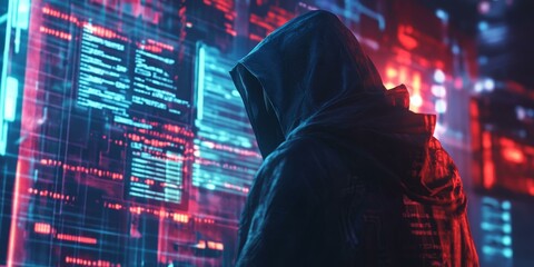 Hooded figure stands before a screen of code.