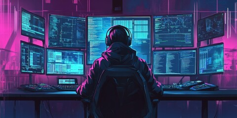 A hacker in a dark room with multiple computer screens.