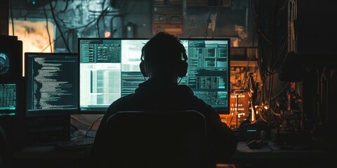 Person in dark room with computer screens, code.