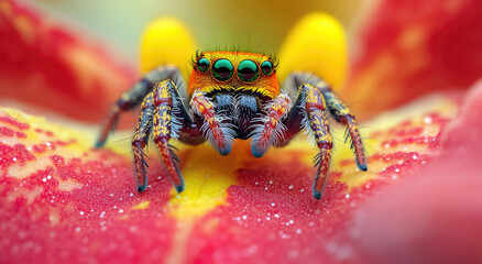 Wall Mural - A close-up of an exotic jumping spider, its legs and exoskeleton adorned with intricate patterns in shades of reds, yellows, and greens