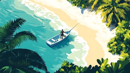 Poster - Tropical Paradise: A Boat and Palm Trees