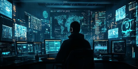 Silhouetted hacker working with multiple screens.