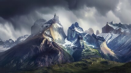 Wall Mural - Majestic snow-capped mountain peaks under dramatic storm clouds.