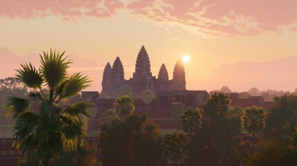 Wall Mural - Majestic temple silhouetted against a vibrant sunrise.