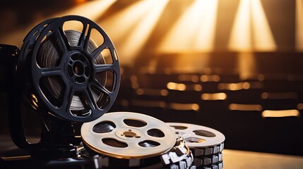 Clapperboard and film reels, a classic symbol of the filmmaking process, rest on a vintage movie projector, evoking the nostalgia and magic of cinema.