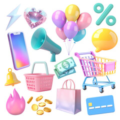 PNG 3d pastel shopping element set, transparent background