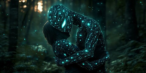 Wall Mural - Two glowing figures embrace in a dark forest.