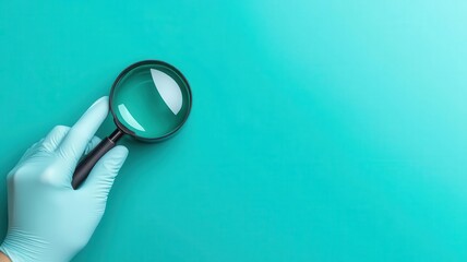 Gloved hand holding a magnifying glass over a small sample, detailed examination, close inspection, scientific scrutiny