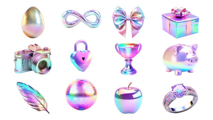 Wall Mural - PNG 3D iridescent icon element set, transparent background