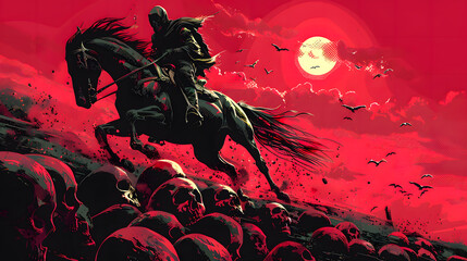 Wall Mural - The horseman, grim reaper riding the horse jumping from a pile of human skulls, digital art style, illustration painting