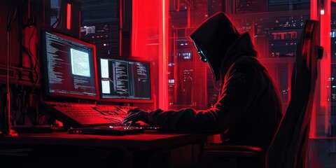 Wall Mural - Hooded figure coding in dark red lit room.