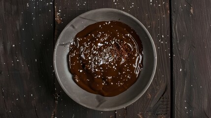 Poster - Melted dark chocolate with sea salt and coffee granules on a rustic wooden background.