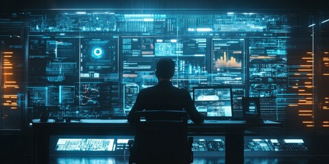 Wall Mural - Silhouette of a hacker in front of computer screens with