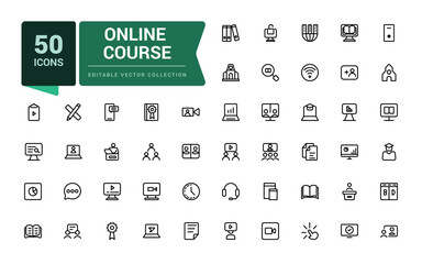 Wall Mural - Online course line icon set. Collection of black outline logo for web design and mobile apps. Pixel perfect, minimalistic web and UI icon. Outline icon collections.